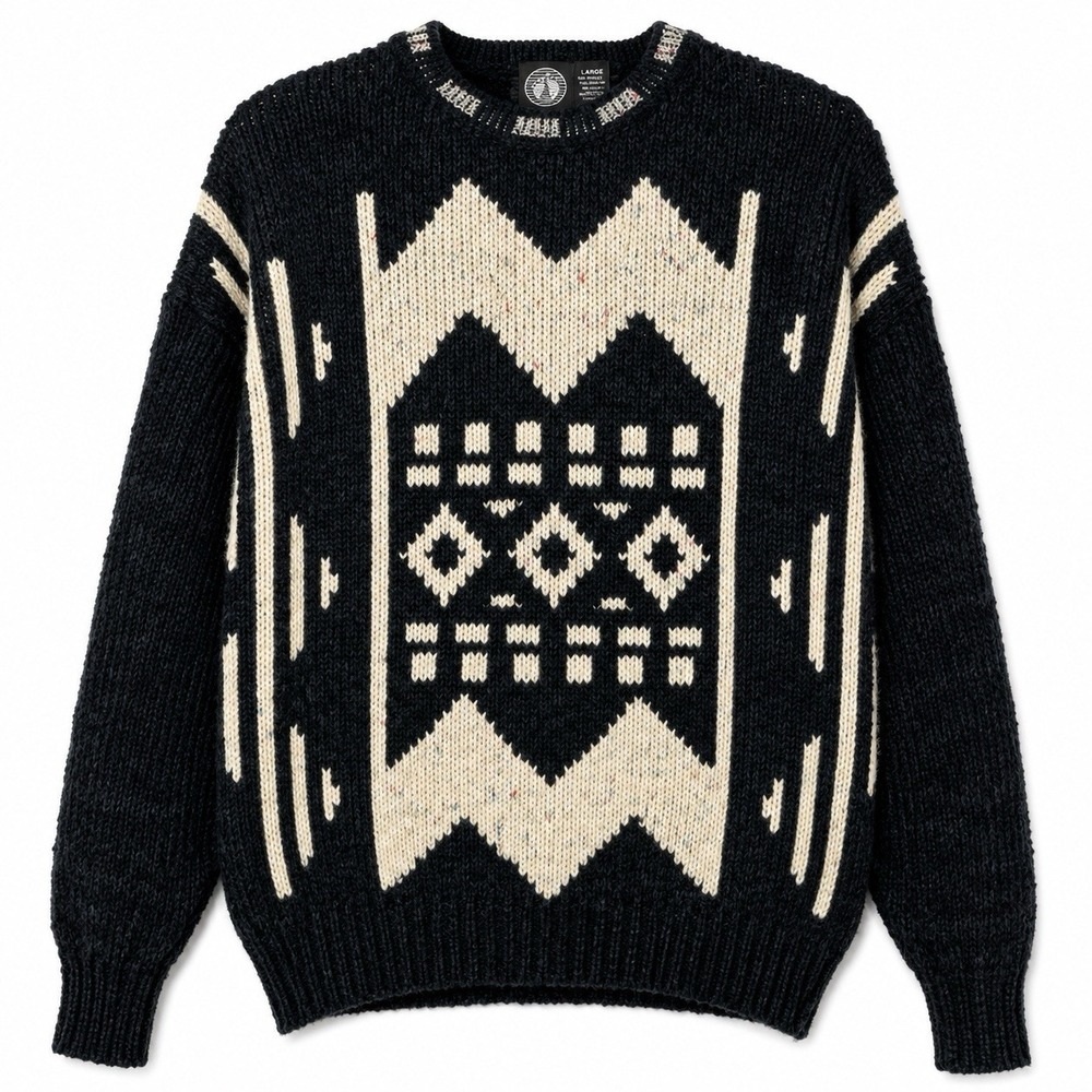 Vintage Hang Ten Sweater Size L Aztec Southwestern Surf Black Cream 80s 90s